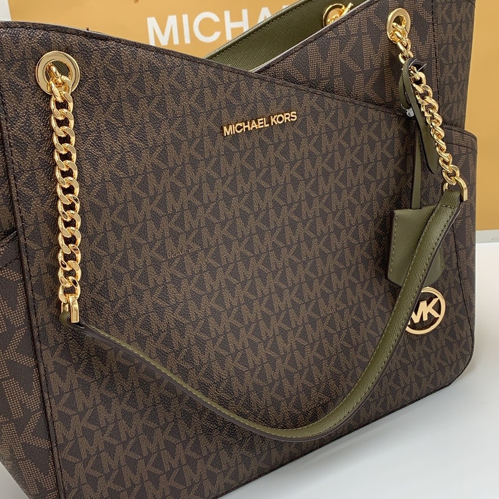 MICHAEL KORS 
Jet Set Large Logo Tote Chain Shoulder Bag 
COLOR OLIVE 
NWT - Picture 6 of 16